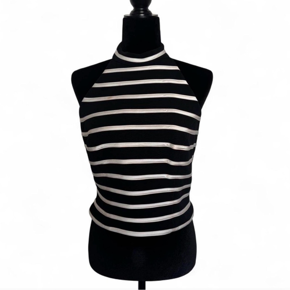 Vintage CACHE Halter Top Sz 12 Corset Back Zipper Black White Striped Crop Y2K